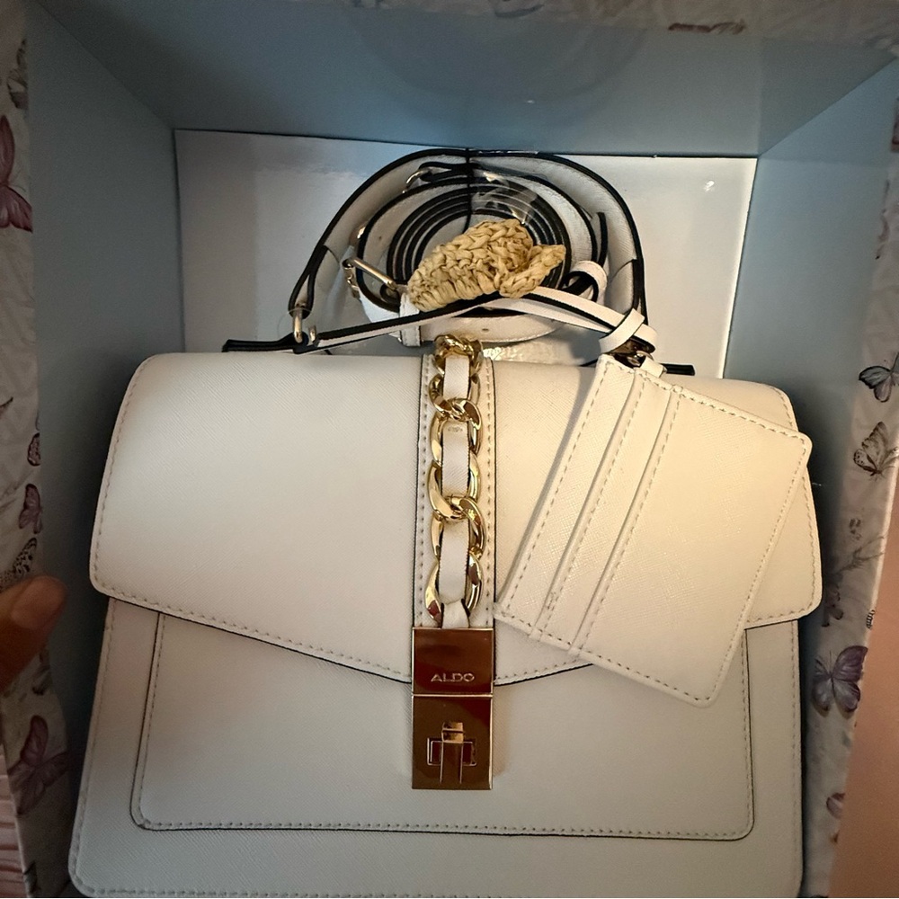 Aldo Cream Satchel with Gold Chain Detail